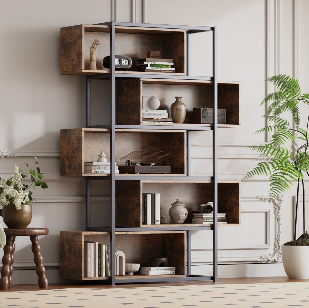 Boekenkast Met 5 Niveaus En Open Planken - Industrieel Design Voor Woonkamer En Studeerkamer - MDF - Zwart En Bruin - 121x35x176 Cm