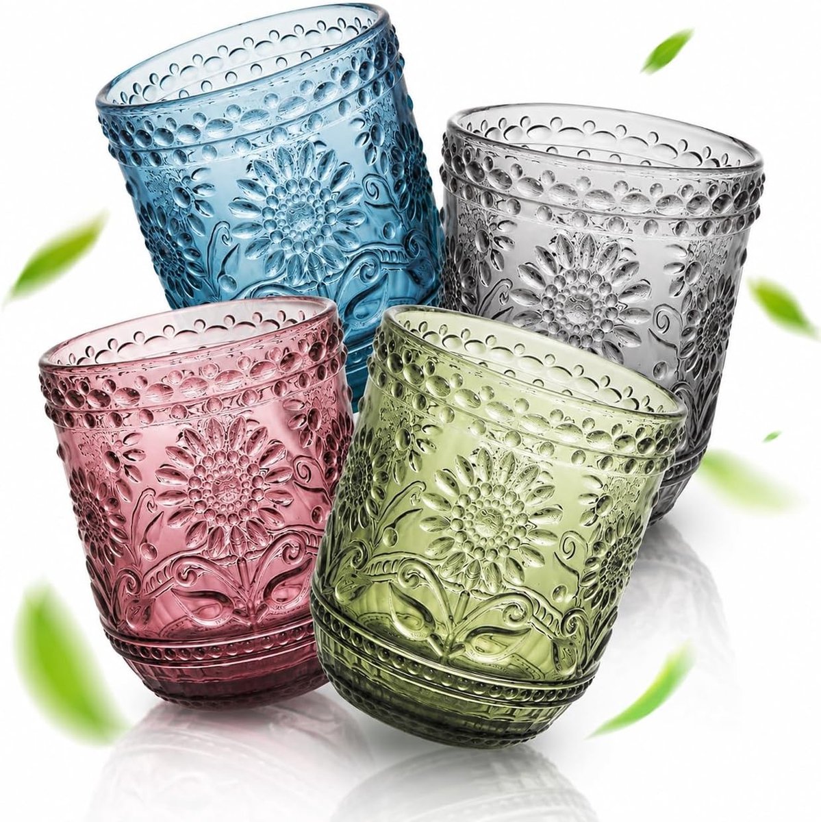 Limonadeglazen stapelbaar - Roze, Groen, Blauw en Grijs - Set van 4 glazen 360 ml - Glas - Voor cocktails en sap