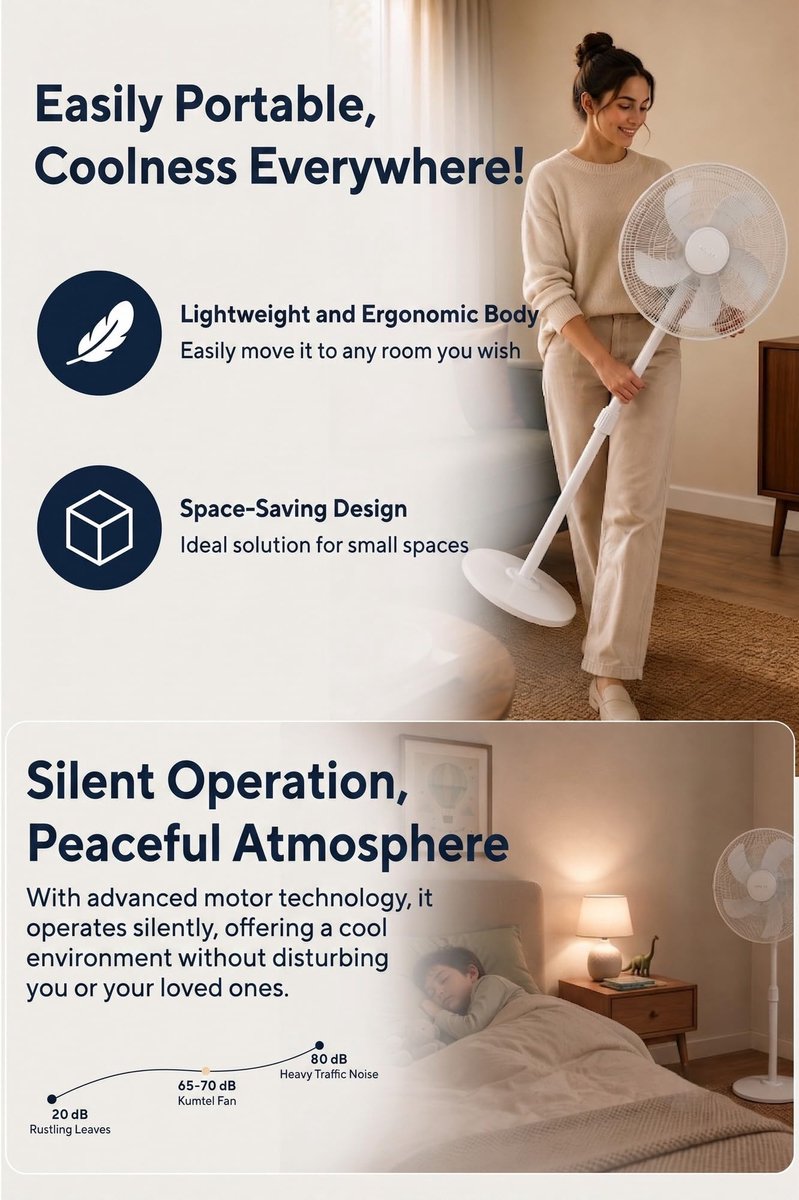 Opviq Kumtel Verstelbare witte ventilator, 50 W, 40,5 x 44 x 121 cm, 3 snelheden, 70° oscillatie, geluidsarm - ShopVlot