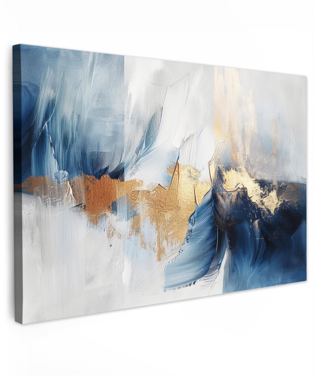 Famanu – Canvas schilderij 120 x 80 cm, muurdecoratie voor woonkamer en slaapkamer, kunst in goud en blauw, watercolor stijl