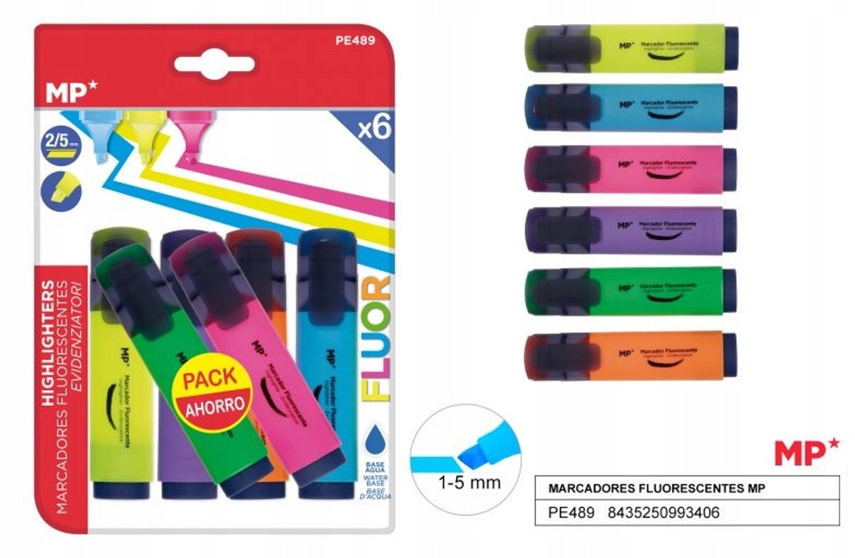 Set van 6 Fluorescerende Markeerstiften - Levendige Kleuren