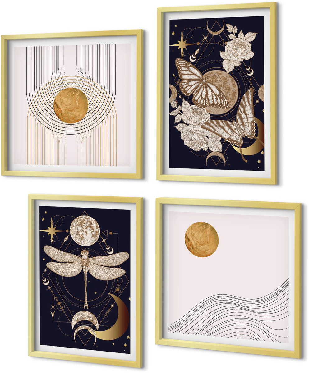 Coloray 4-Delige Schilderij Set - Natuurthema's met de maan, de ruimte en bloemen. - 40 x 40 cm en 40 x 60 cm - Moderne Wanddecoratie - Woonkamer - Stijlvolle Muurdecoratie