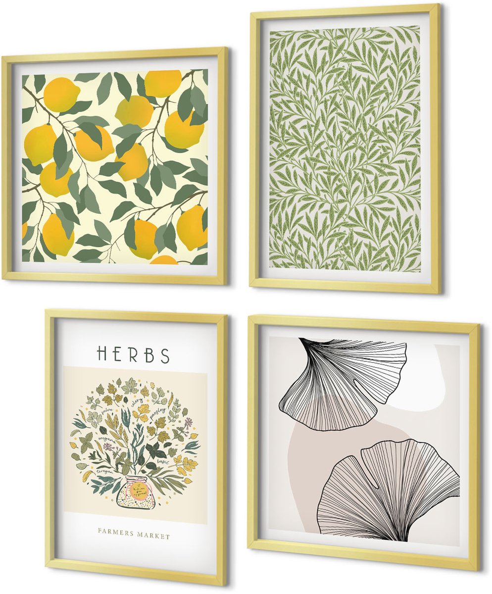 Coloray 4-Delige Schilderij Set - Citroenmotieven met kruiden en plantenbladeren - 40 x 40 cm en 40 x 60 cm - Wanddecoratie - Moderne Interieurdecoratie - Decoratieve Schilderijen