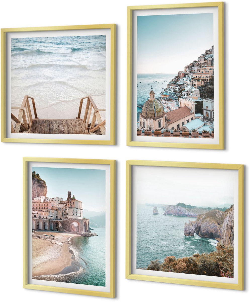 Coloray 4-Delige Schilderij Set - Zomerse pastelkleuren met architectuur aan zee en strand - 40 x 40 cm en 40 x 60 cm - Wanddecoratie - Schilderijen Set - Interieur - Woonkamer Decoratie