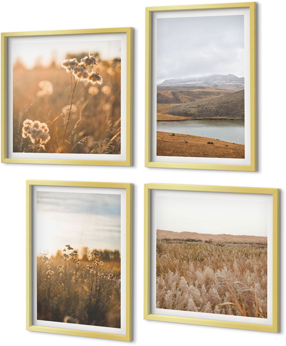 Coloray 4-Delige Schilderij Set - Landschappen met weilanden, bergen en een meer op de achtergrond. - 40 x 40 cm en 40 x 60 cm - Wanddecoratie - Muurdecoratie - Moderne Interieurdecoratie - Moderne Wanddecoratie