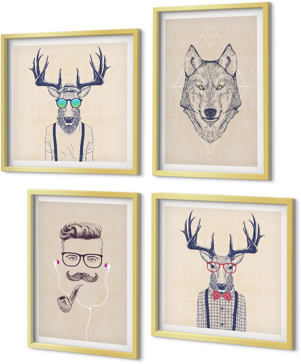 Coloray 4-Delige Schilderij Set - Stijlvolle portretten van dieren en mannen - 40 x 40 cm en 40 x 60 cm - Decoratieve Muurdecoratie - Slaapkamer - Wanddecoratie
