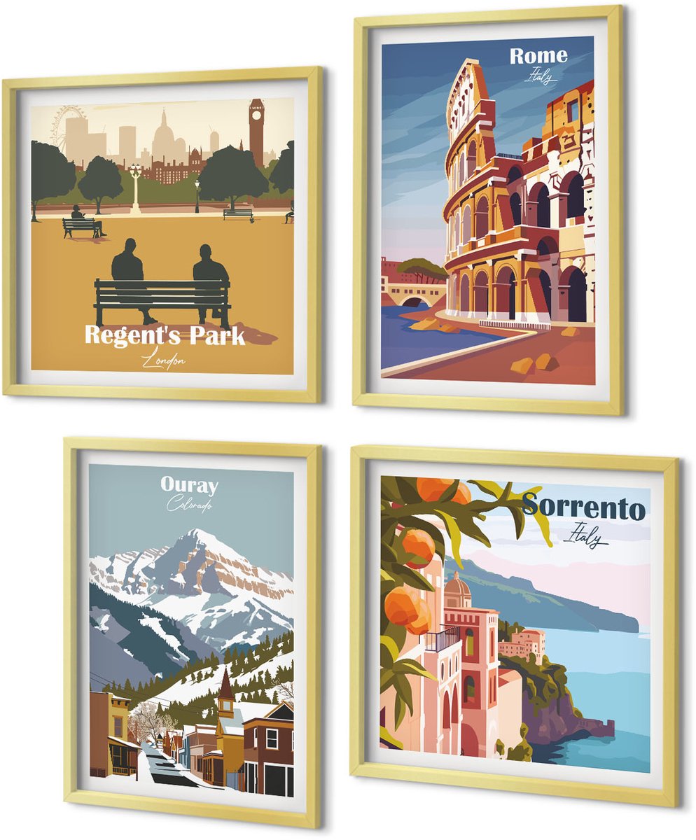 Coloray 4-Delige Schilderij Set - Retro-illustraties van beroemde regio's over de hele wereld - 40 x 40 cm en 40 x 60 cm - Moderne Wanddecoratie - Slaapkamer