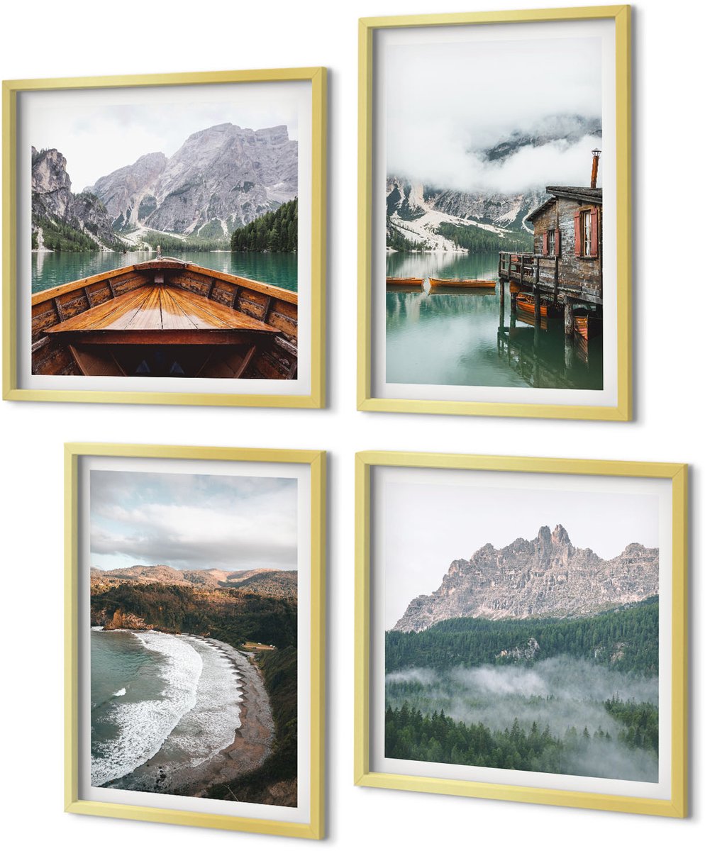 Coloray 4-Delige Schilderij Set - Berglandschap met een strand, een houten huis en een boot. - 40 x 40 cm en 40 x 60 cm - Muurdecoratie - Schilderijen Set - Woonkamer - Wanddecoratie