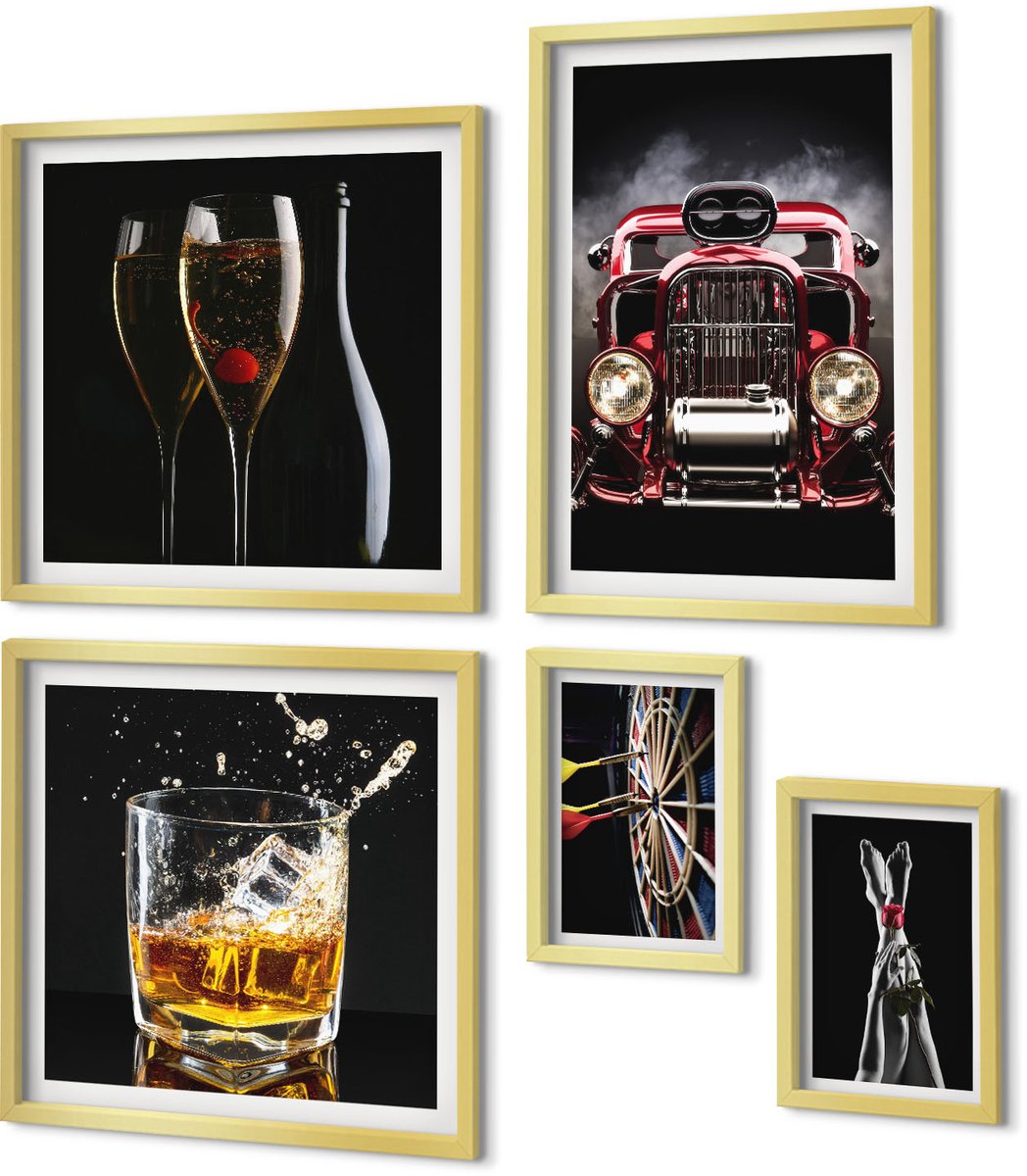 Coloray 5-Delige Schilderij Set - Stijlvolle Retrothema'S Met Auto'S En Drankjes - 50 x 50 cm, 20 x 30 cm En 40 x 60 cm - Muurdecoratie - Schilderijen Set - Woonkamer - Stijlvolle Muurdecoratie