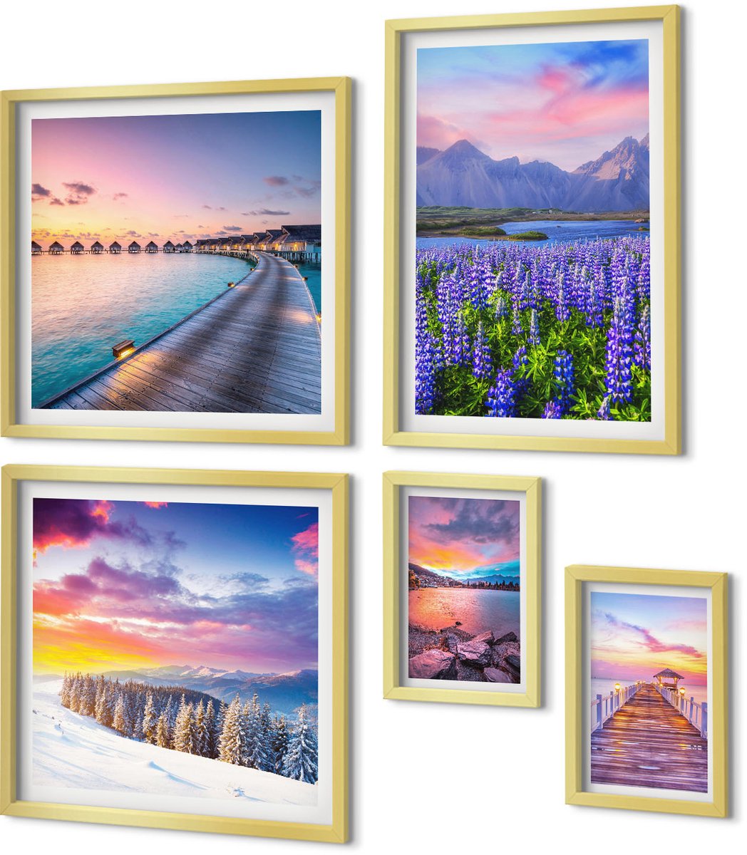 Coloray 5-Delige Schilderij Set - Natuurlijke Landschappen Met Schilderachtige Berggezichten - 50 x 50 cm, 20 x 30 cm En 40 x 60 cm - Stijlvolle Muurdecoratie - Kantoor