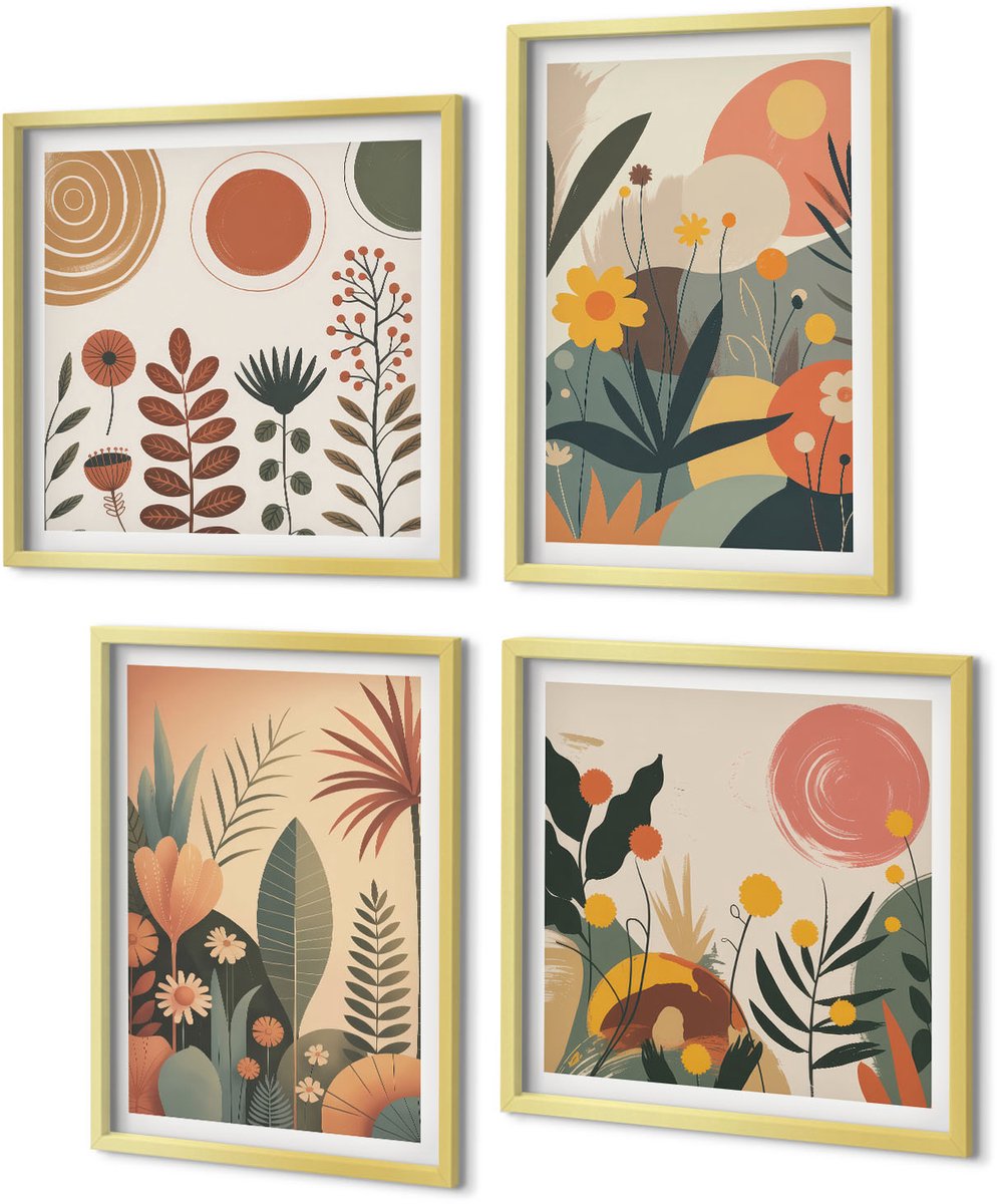 Coloray 4-Delige Schilderij Set - Boho-plantenpatronen in warme tinten met natuur. - 40 x 40 cm en 40 x 60 cm - Wanddecoratie - Schilderijen Set - Interieur - Interieur Decoratie