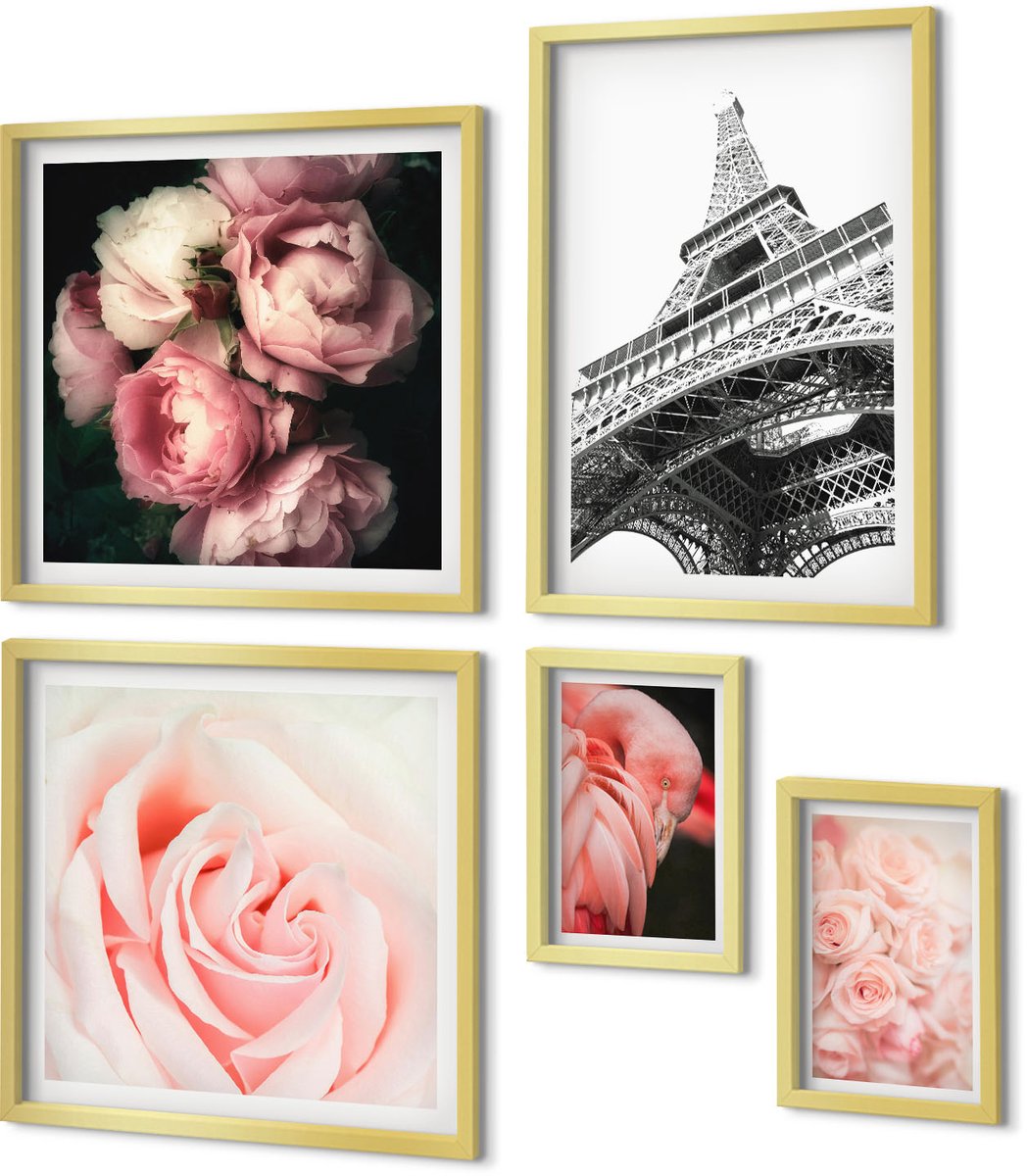 Coloray 5-Delige Schilderij Set - Roze Rozen En De Eiffeltoren In Een Romantische Stijl - 50 x 50 cm, 20 x 30 cm En 40 x 60 cm - Muurdecoratie - Wanddecoratie - Slaapkamer - Decoratieve Schilderijen