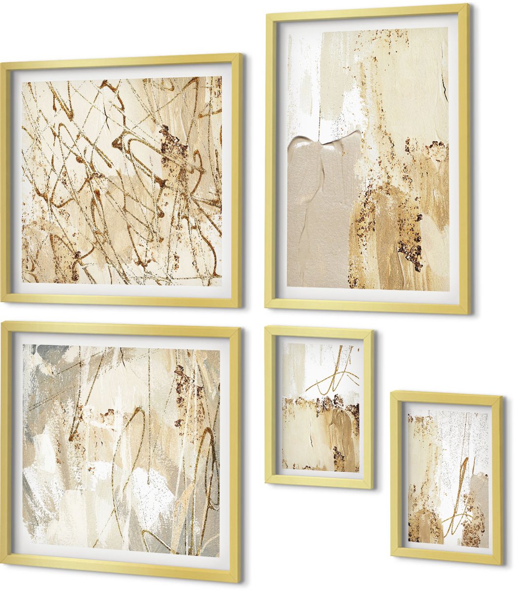 Coloray 5-Delige Schilderij Set - Abstracte Composities In Een Moderne Stijl Met Textuur - 50 x 50 cm, 20 x 30 cm En 40 x 60 cm - Muurdecoratie - Wanddecoratie - Hal - Moderne Wanddecoratie