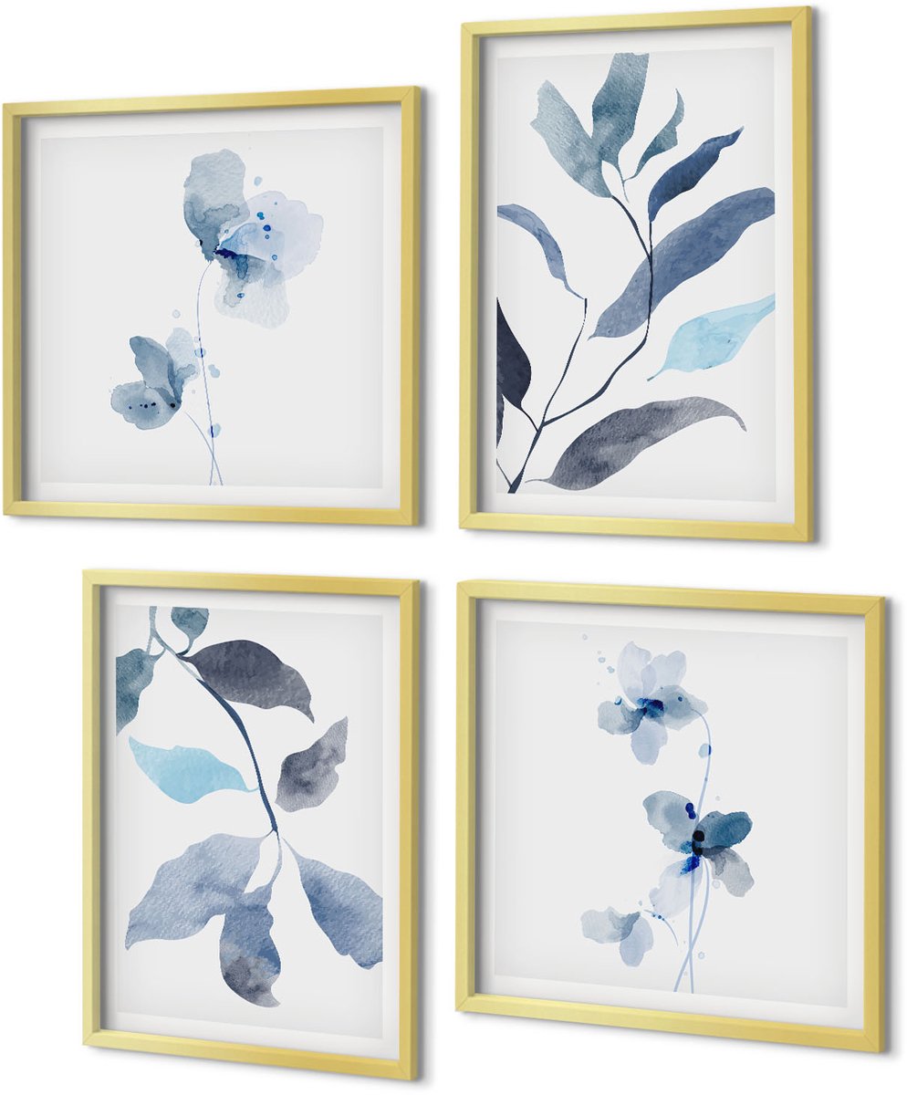 Coloray 4-Delige Schilderij Set - Blauwe bladeren op een lichte achtergrond in aquarelstijl - 40 x 40 cm en 40 x 60 cm - Stijlvolle Wanddecoratie - Interieur - Stijlvolle Muurdecoratie