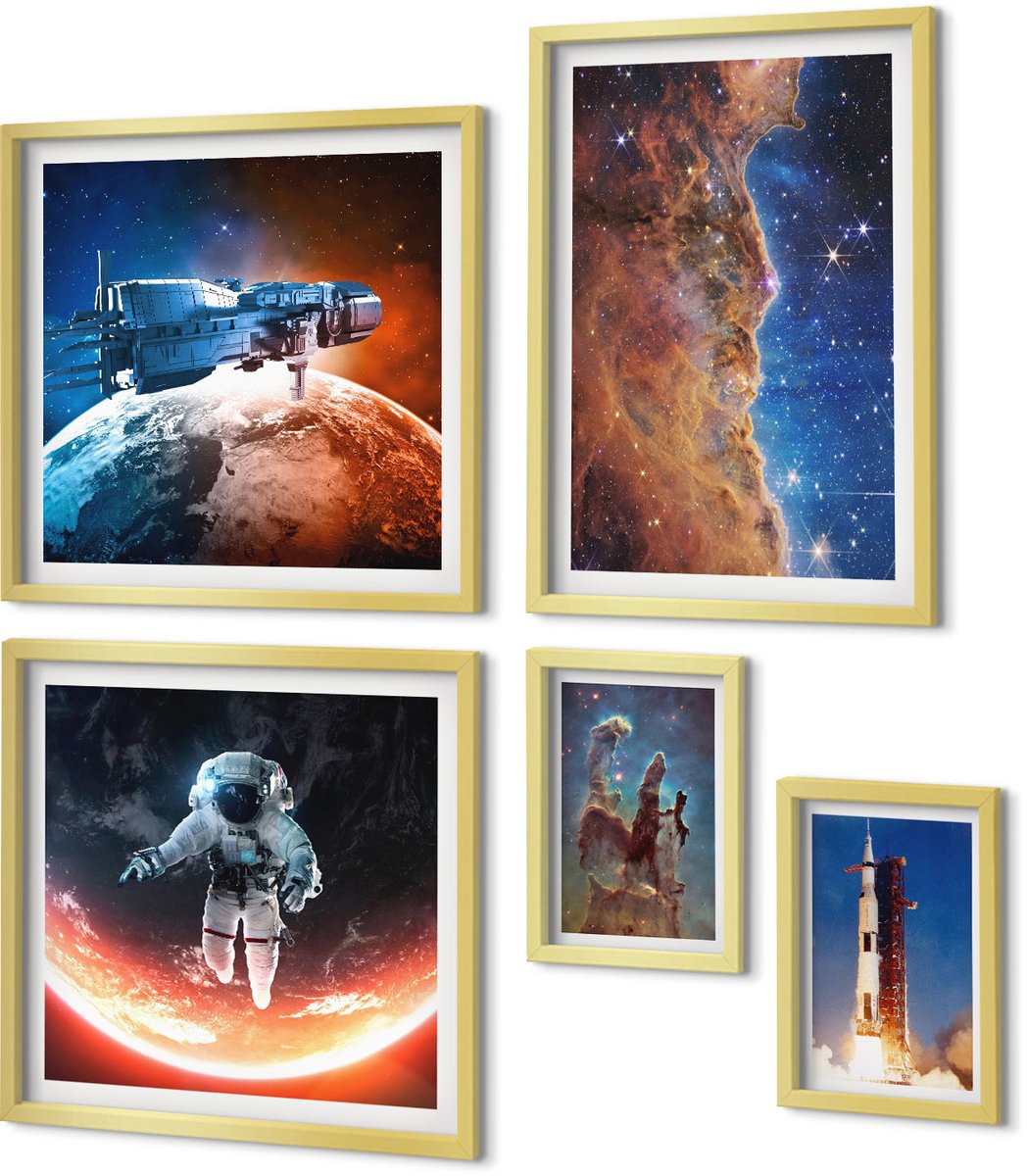 Coloray 5-Delige Schilderij Set - Ruimtevaart, Verkenning Van Het Universum En Sterrenstelsels - 50 x 50 cm, 20 x 30 cm En 40 x 60 cm - Wanddecoratie - Woonkamer Decoratie - Interieur Decoratie