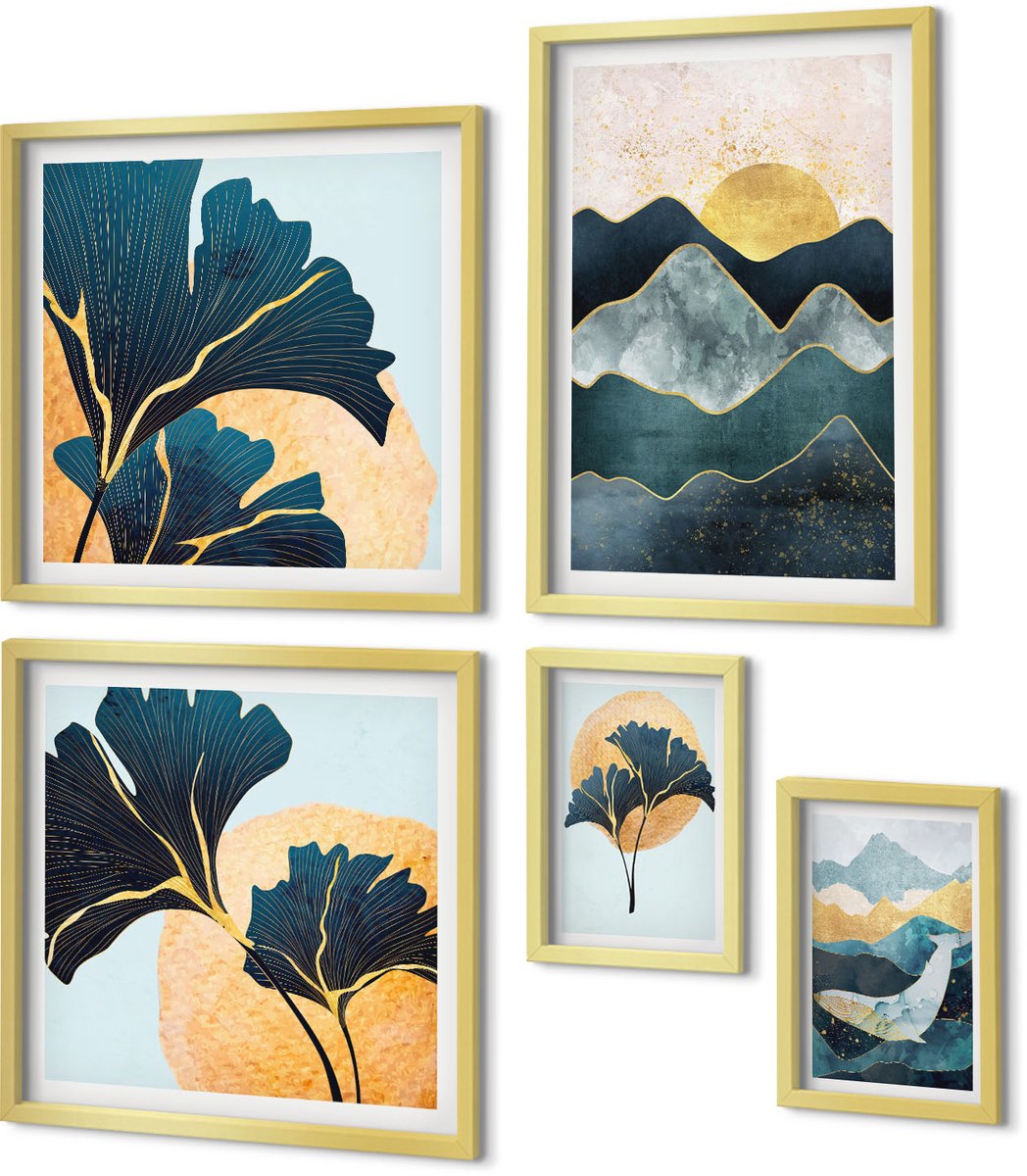 Coloray 5-Delige Schilderij Set - Stijlvolle Berglandschappen Met Decoratieve Plantenaccenten - 50 x 50 cm, 20 x 30 cm En 40 x 60 cm - Moderne Wanddecoratie - Woonkamer