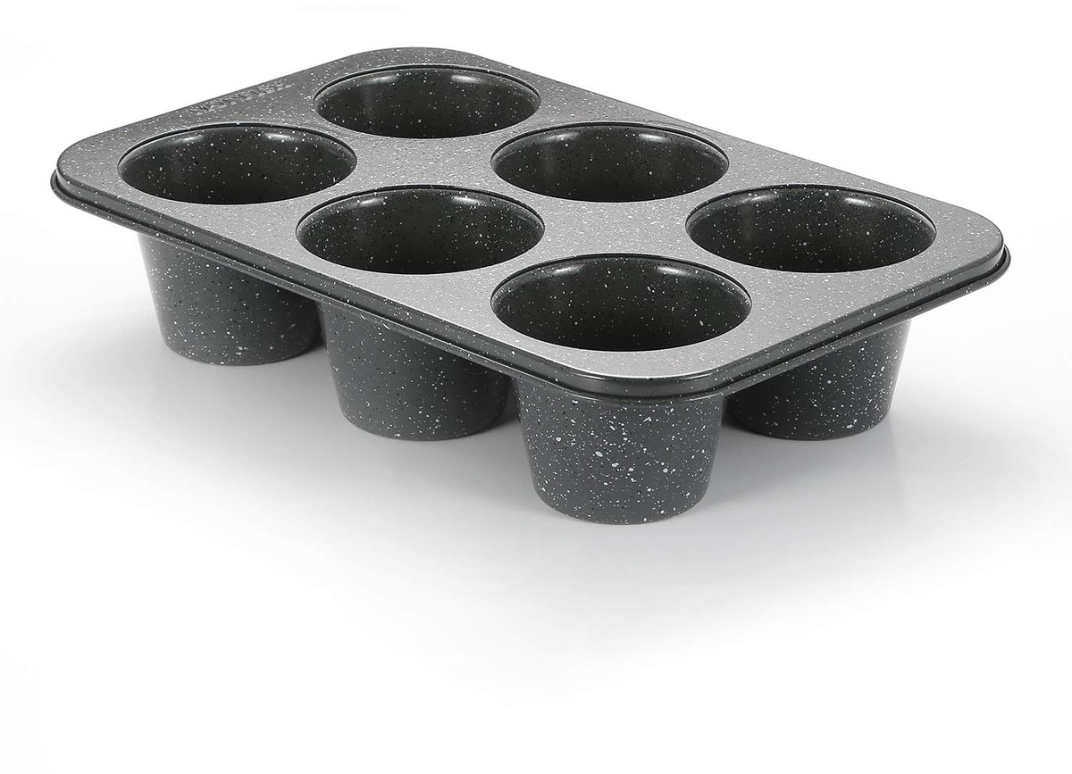 Famanu – diepe muffinvorm van koolstofstaal, set van 6 kopjes met anti-aanbaklaag en grijs granieten steenoppervlak, grote muffinvormen voor bakken (9 cm diameter, 7,6 cm hoog