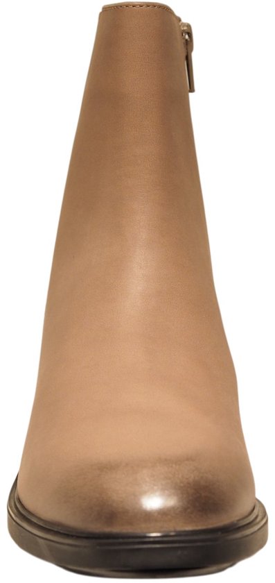 Taupe leren enkellaars met ritssluiting, vierkante neus en blokhak.