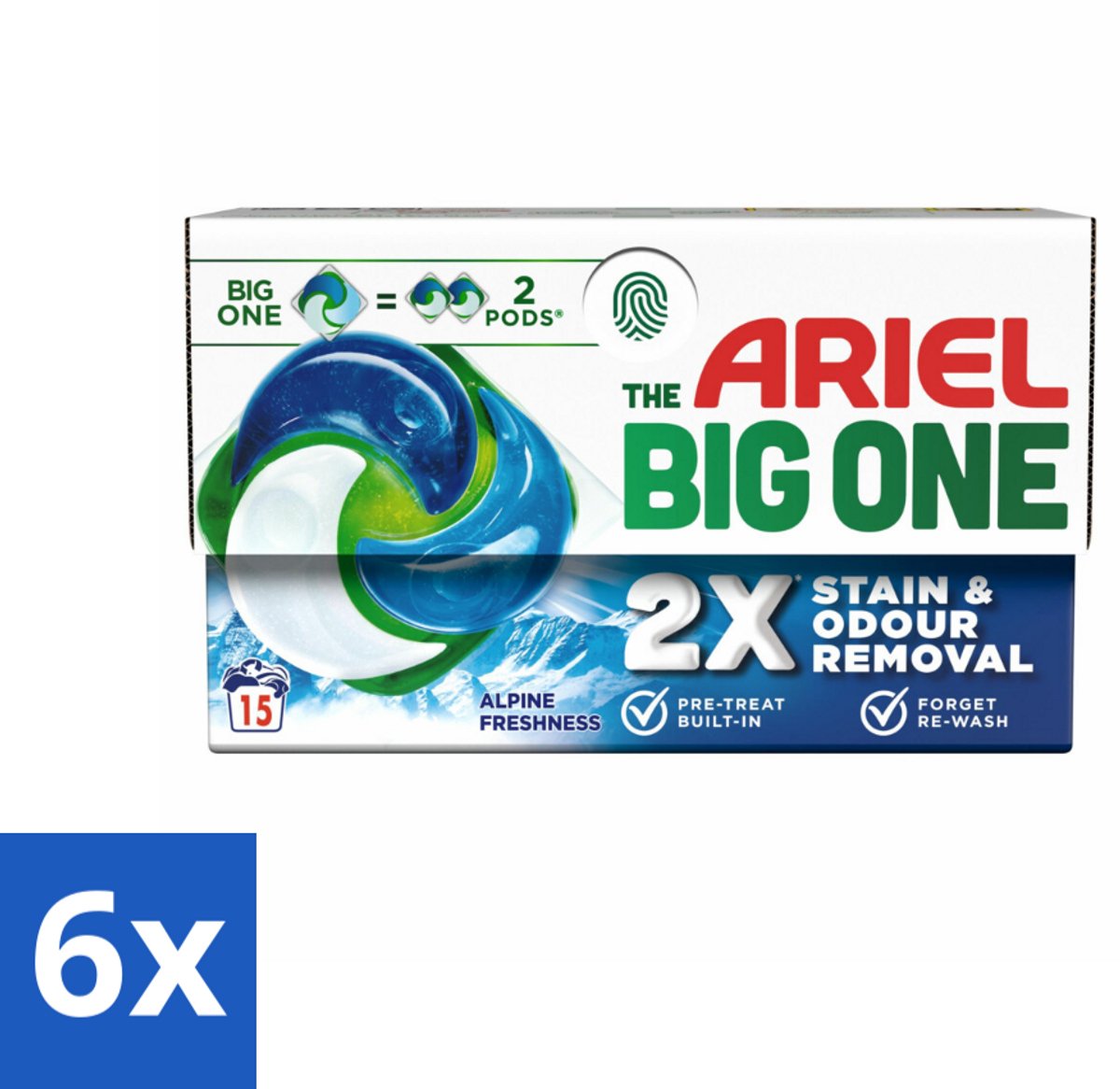 6 x Ariel - 3in1 Wasmiddel Pods - The Big One - Alpine - 15 Pods - Ariel Wasmiddel - Wascapsules - Wasmiddel Pods - Alpine Geur - Vlekkenverwijderaar