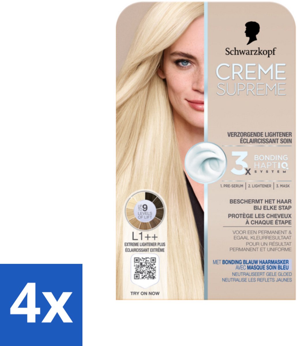 4 x Schwarzkopf - Haarkleuring - Creme Supreme L1++ - Extreme Lightener Plus - 245g - Blondeerbehandeling - Permanente Haarkleuring - Blond Haar - Haarkleur - Haarkleuring