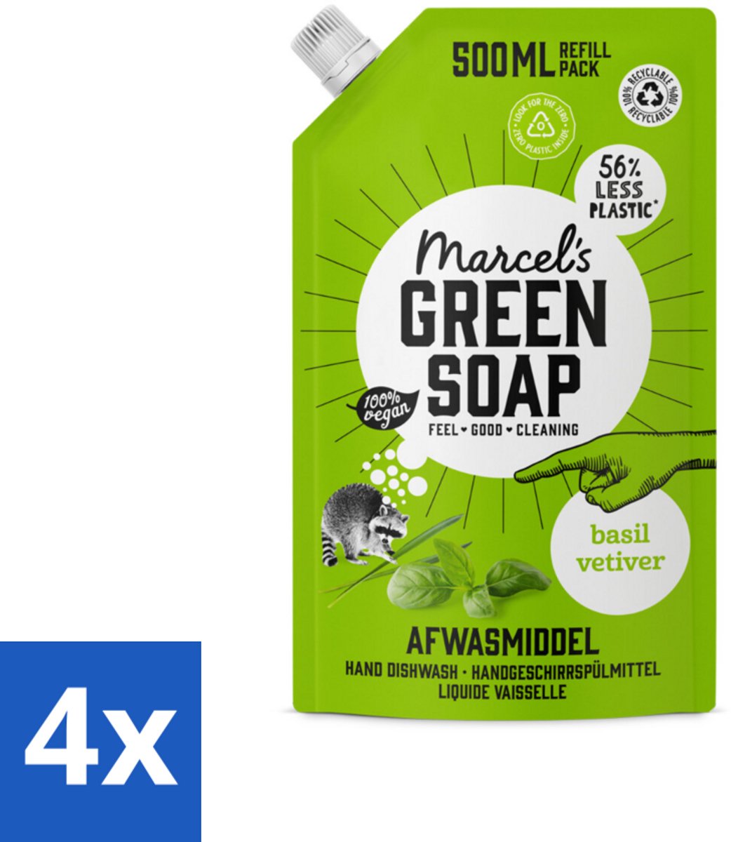 4 x Marcel's Green Soap - Navulling - Afwasmiddel - Basilicum & Vetiver Gras - Plantaardig & duurzaam - 500 ml - Afwasmiddel - Navulverpakking - Biologisch Afwasmiddel - Duurzaam Afwasmiddel - Basilicum