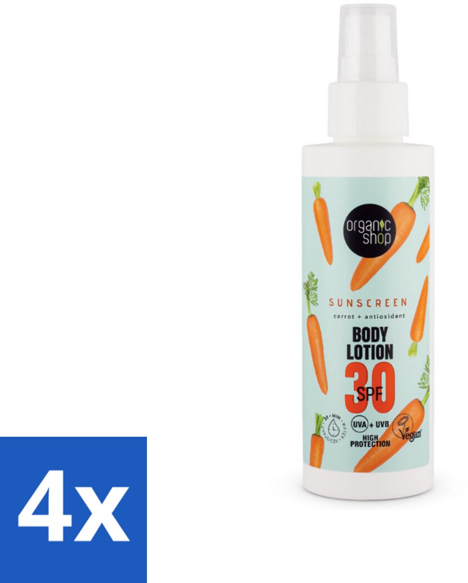 4 x Organic Shop - Zonnebrandcrème SPF 30 - Bescherming tegen de Zon - 150 ml - Zonnebrand - Zonnebescherming - Spf 30 - Natuurlijke Zonnebrand - Antioxidanten