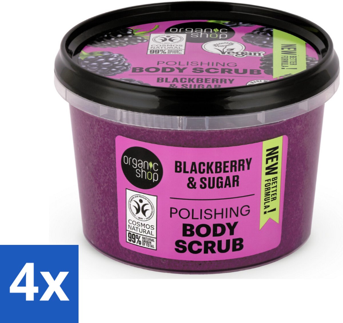 4 x Organic Shop - Body Scrub Blackberry - Verfrissend en Hydraterend - 250 ml - Lichaams Scrub - Scrub - Braam - Organische - Natuurlijke