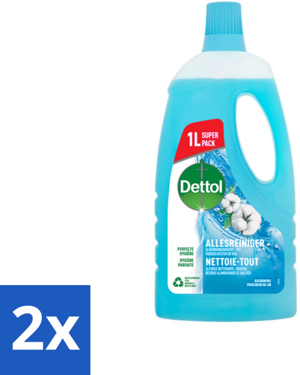 2 x Dettol - Allesreiniger - Power & Fresh - Katoenfris - 1 liter - Allesreiniger - Schoonmaakmiddel - Katoen - Frisse Geur - Hygiëne