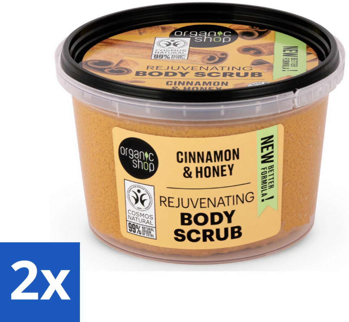 2 x Organic Shop - Rejuvenating Body Scrub Cinnamon - Exfoliërend en Hydraterend - 250 ml - Lichaams Scrub - Exfoliërende Scrub - Hydraterende Scrub - Biologische Kaneel - Honing Scrub