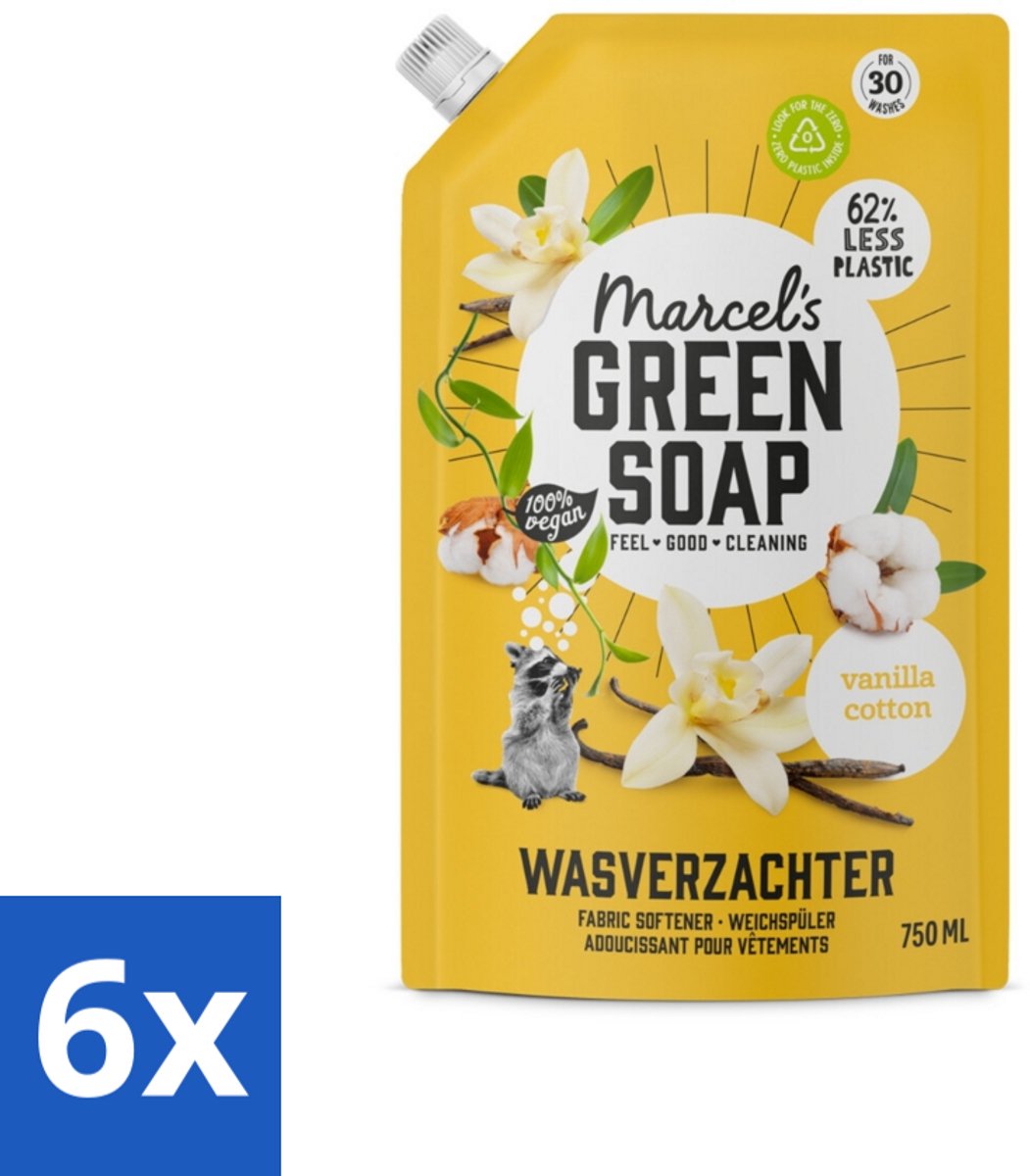6 x Marcel's Green Soap - Wasverzachter - Navulling - Katoen & Vanille - Zachte frisheid- 30 Wasbeurten - 750 ml - Wasverzachter - Katoen Geur - Vanille Geur - Milieuvriendelijk - Navulverpakking