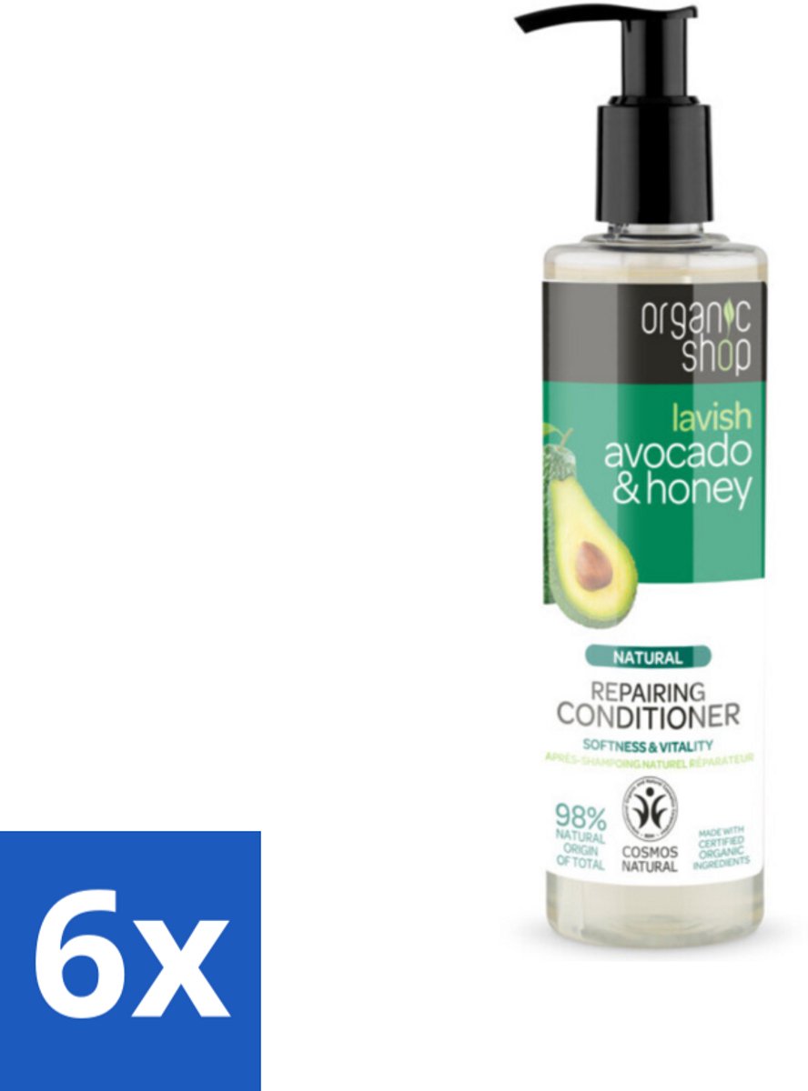 6 x Organic Shop - Natural Repairing Conditioner - Avocado & Honey - 280 ml - Herstellende Conditioner - Avocado Conditioner - Honing Conditioner - Droog Haar - Beschadigd Haar