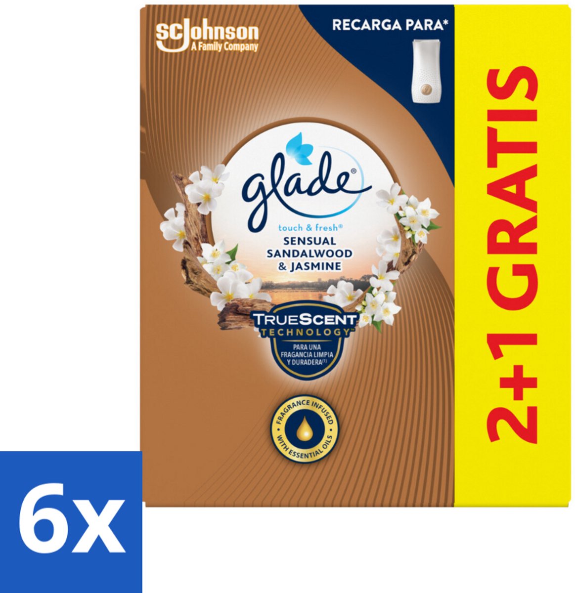 6 x Glade - Touch & Fresh - Sensual Sandelhout Jasmijn - 10 ml - Geur - Parfum - Sandelhout - Jasmijn - Amber