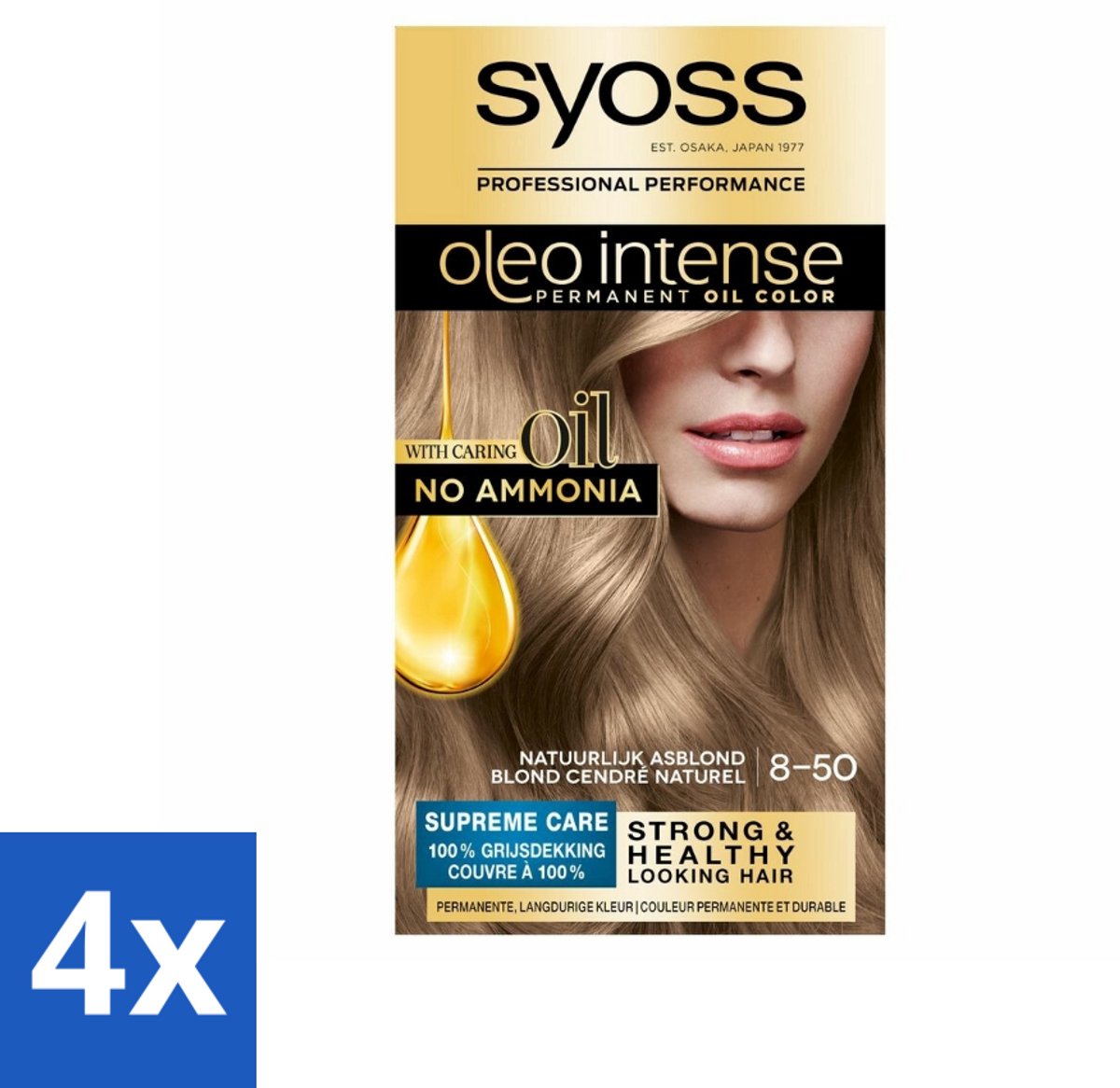 4 x SYOSS - Oleo Intense 8-50 - Haarverf - Permanente Haarkleuring - Natuurlijk Asblond - Langdurige Kleur - Permanente Haarkleuring - Haarkleur - Olie-formule - Grijsdekking - Arganolie
