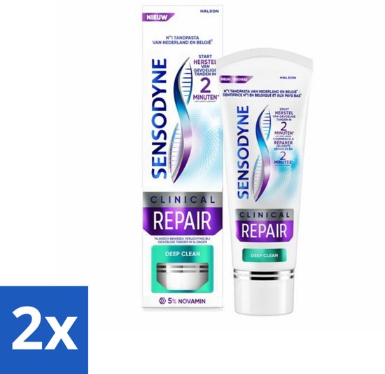 Sensodyne Clinical Repair Deep Clean tandpasta, 2x 75ml verpakking.