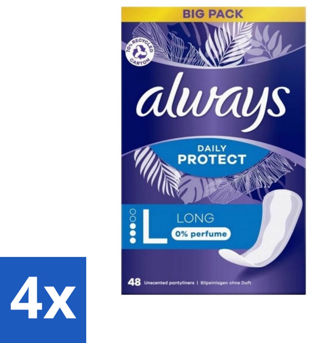 4 x Always - Inlegkruisjes - Long - 0% Parfum - 48 Inlegkruisjes - Inlegkruisjes - Always - Inlegkruisjes Lang - Parfumvrije Inlegkruisjes - Inlegkruisjes Voor Dagelijks Gebruik
