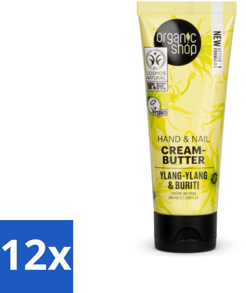12 x Organic Shop - Ylang-Ylang & Buriti Hand & Nail Cream - Verzachtend en Herstellend - 75 ml - Biologische Handcrème - Ylang-ylang Handcrème - Buriti Olie Handcrème - Verzachtende Handcrème - Herstellende Handcrème