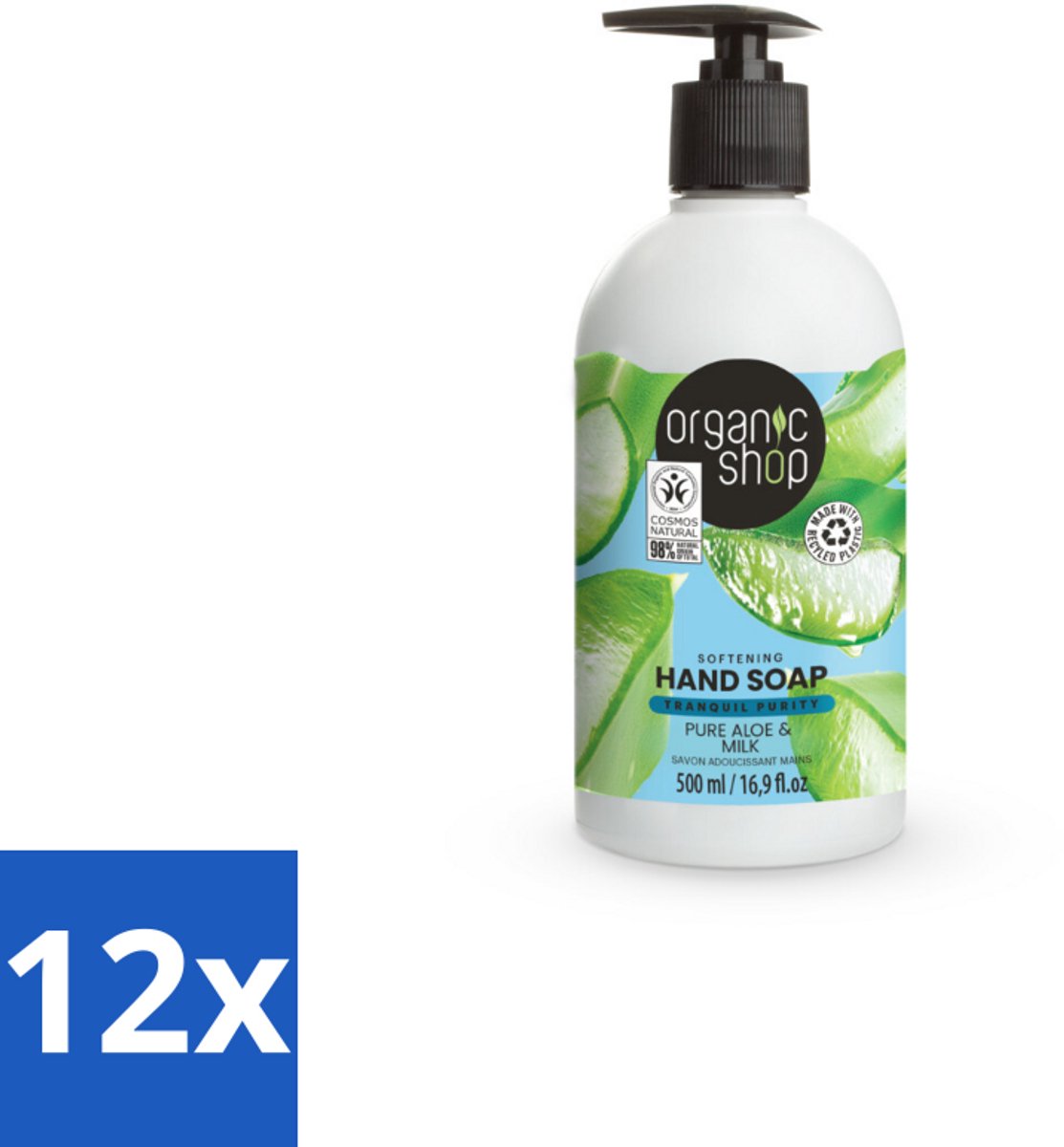 12 x Organic Shop - Handzeep Aloe & Milk - Verzachtend en Hydraterend - 500 ml - Biologische Handzeep - Aloë Vera Handzeep - Hydraterende Handzeep - Verzachtende Handzeep - Melkproteïnen Handzeep