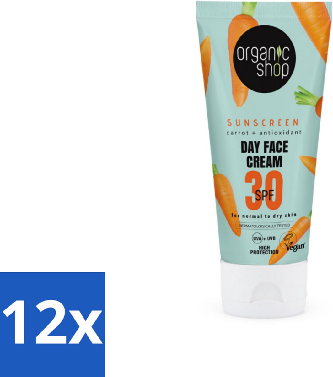 12 x Organic Shop - Zonnebrandcrème Gezicht SPF 30 - Normale Huid - 50 ml - Zonnebrandcrème - Gezichtscrème - SPF 30 - Normale Huid - Droge Huid