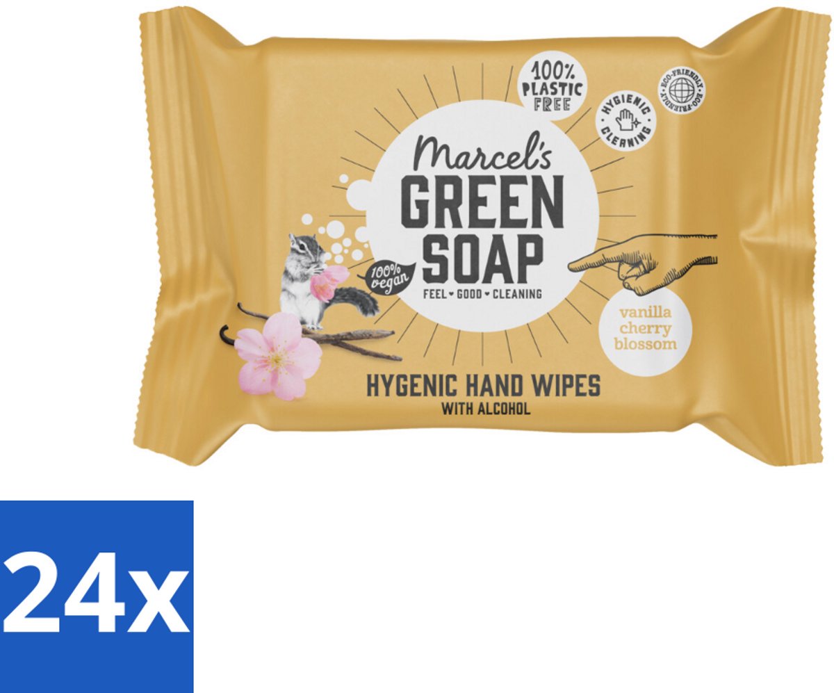 24 x Marcel's Green Soap - Hand doekjes - Vanille & Cherry Blossom - Mild & handig - 15 Doekjes - Hygiënische Handdoekjes - Handreiniger - Natuurlijke Zeep - Biologische Oliën - Alcoholvrije Handdoekjes