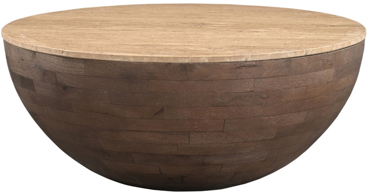 Giga Meubel Salontafel Aiden Rond - Travertin/Hout - Donkerbruin - 90x90x38cm