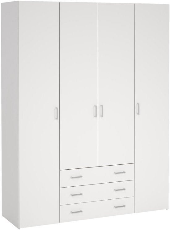 Witte kledingkast met vier deuren en drie lades, met zilverkleurige handgrepen.