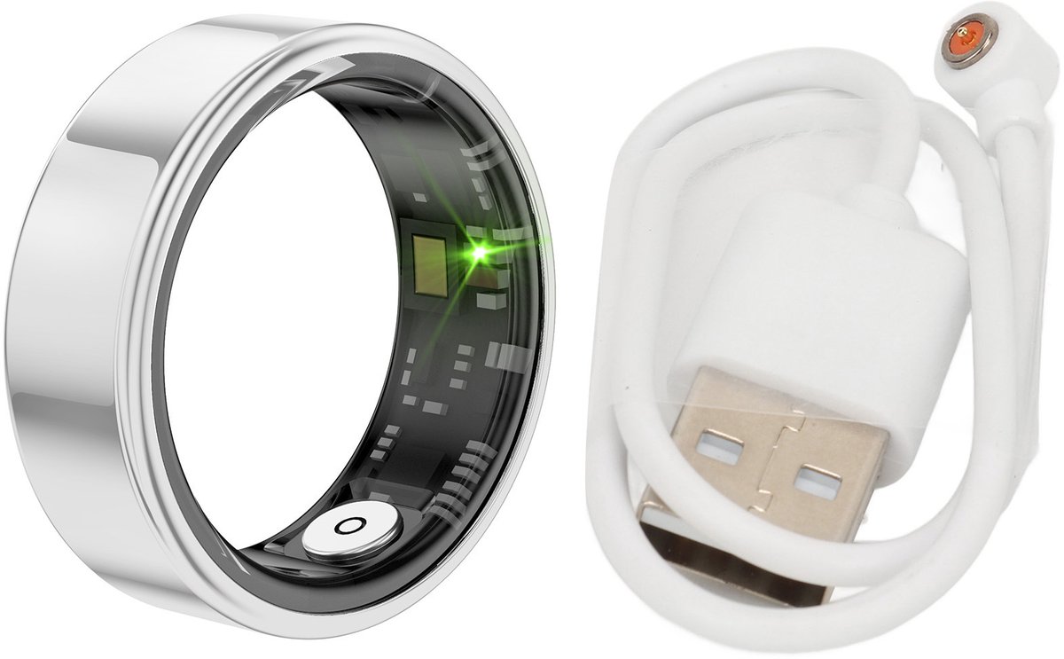 Smart Ring Health Tracker, slaaptracker, draagbare gezondheidsringen, fysieke conditietrackeringen voor vrouwen en mannen, magnetisch snel opladen, zilver 19mm
