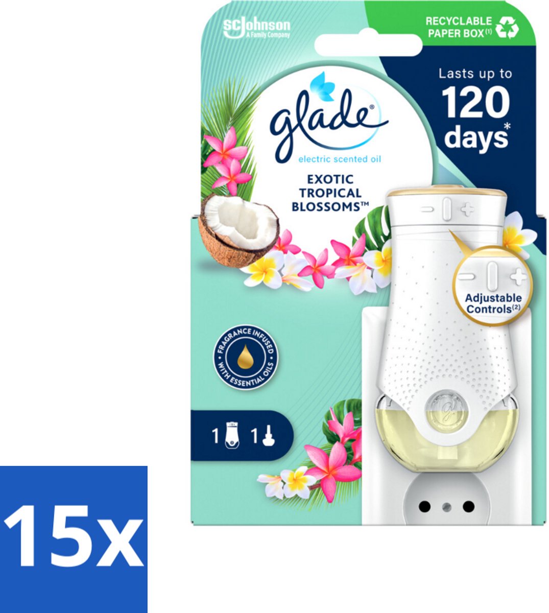 15 x Glade - Houder Elektrische Olie - Exotic Tropical Blossoms - Zonder Navulling - Luchtverfrisser - Geurverspreiding - Bewegingssensor - Automatische Geur - Frisse Geur
