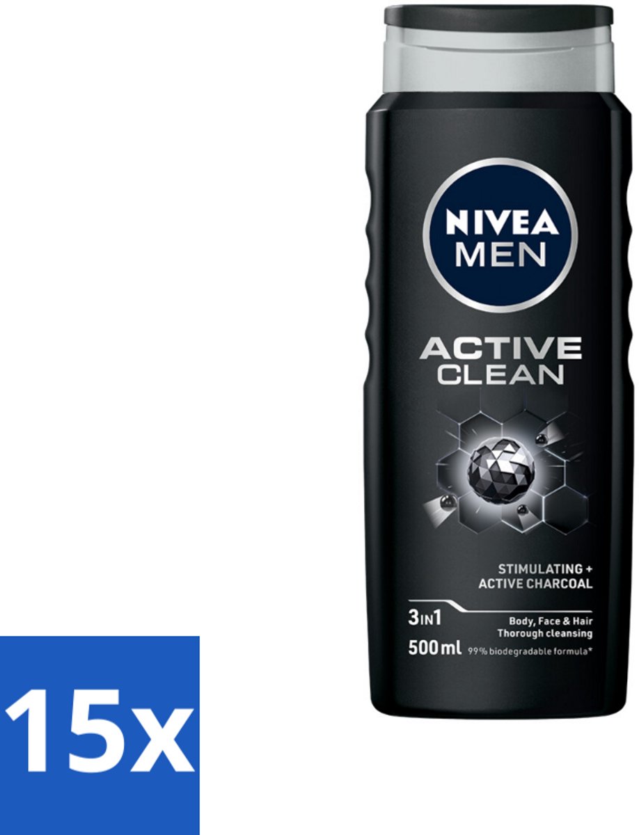 15 x NIVEA MEN - Douchegel - Active Clean - 500 ml - Douchegel - Actief Houtskool - Reiniging - Mannelijke Geur - Huid Reinigen