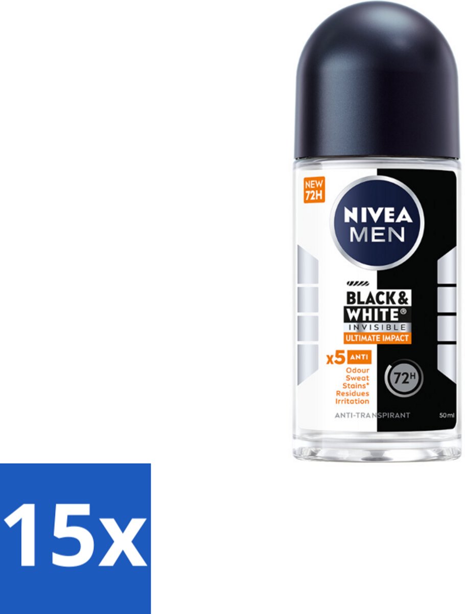 15 x NIVEA MEN - Deodorant Roller - Black & White Ultimate Impact - 50 ml - Deodorant Roller - Anti-vlekken - Zweetbescherming - Geurbescherming - Huidbescherming