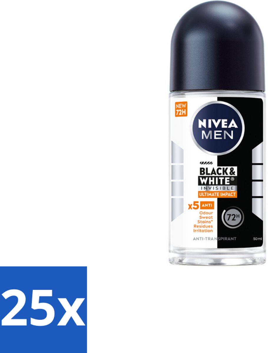 25 x NIVEA MEN - Deodorant Roller - Black & White Ultimate Impact - 50 ml - Deodorant Roller - Anti-vlekken - Zweetbescherming - Geurbescherming - Huidbescherming