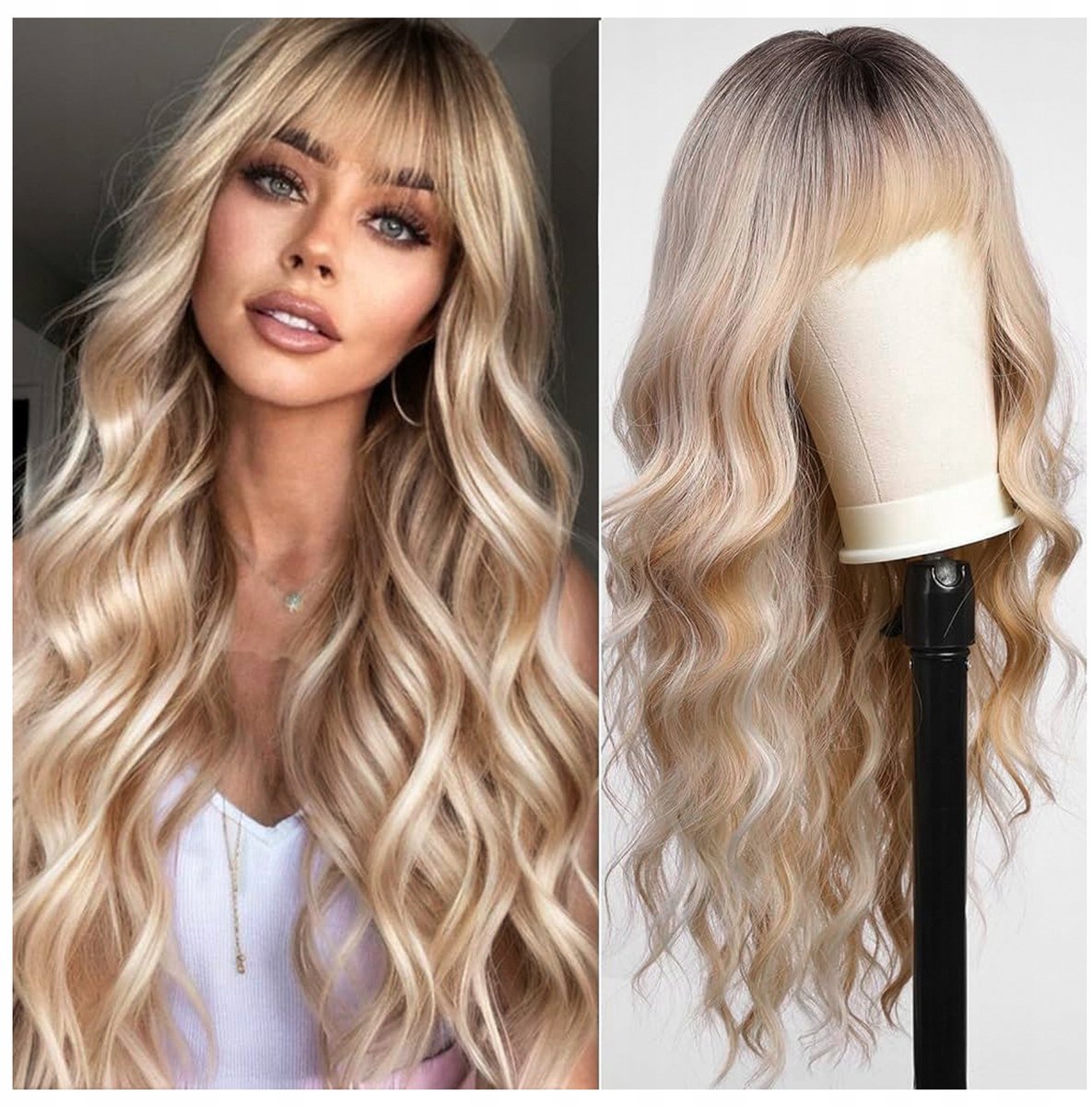 Merkloze Lange Blond Synthetische Pruik met Pony - Golvend Natuurlijk Uiterlijk