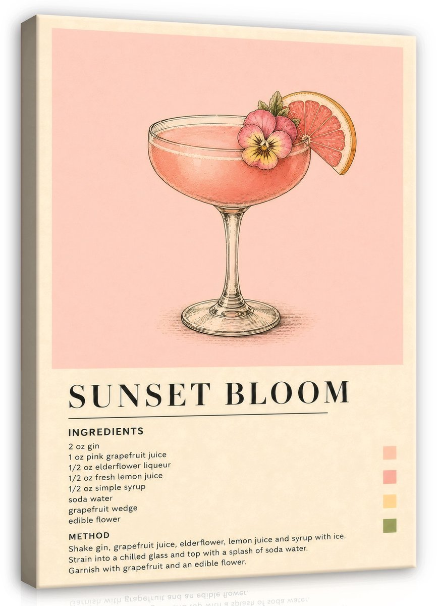 WALLARENA Schilderij op canvas - 90x60 cm - Sunset Bloom cocktailrecept in retrostijl - keuken wanddecoratie en bar decoratie Roze