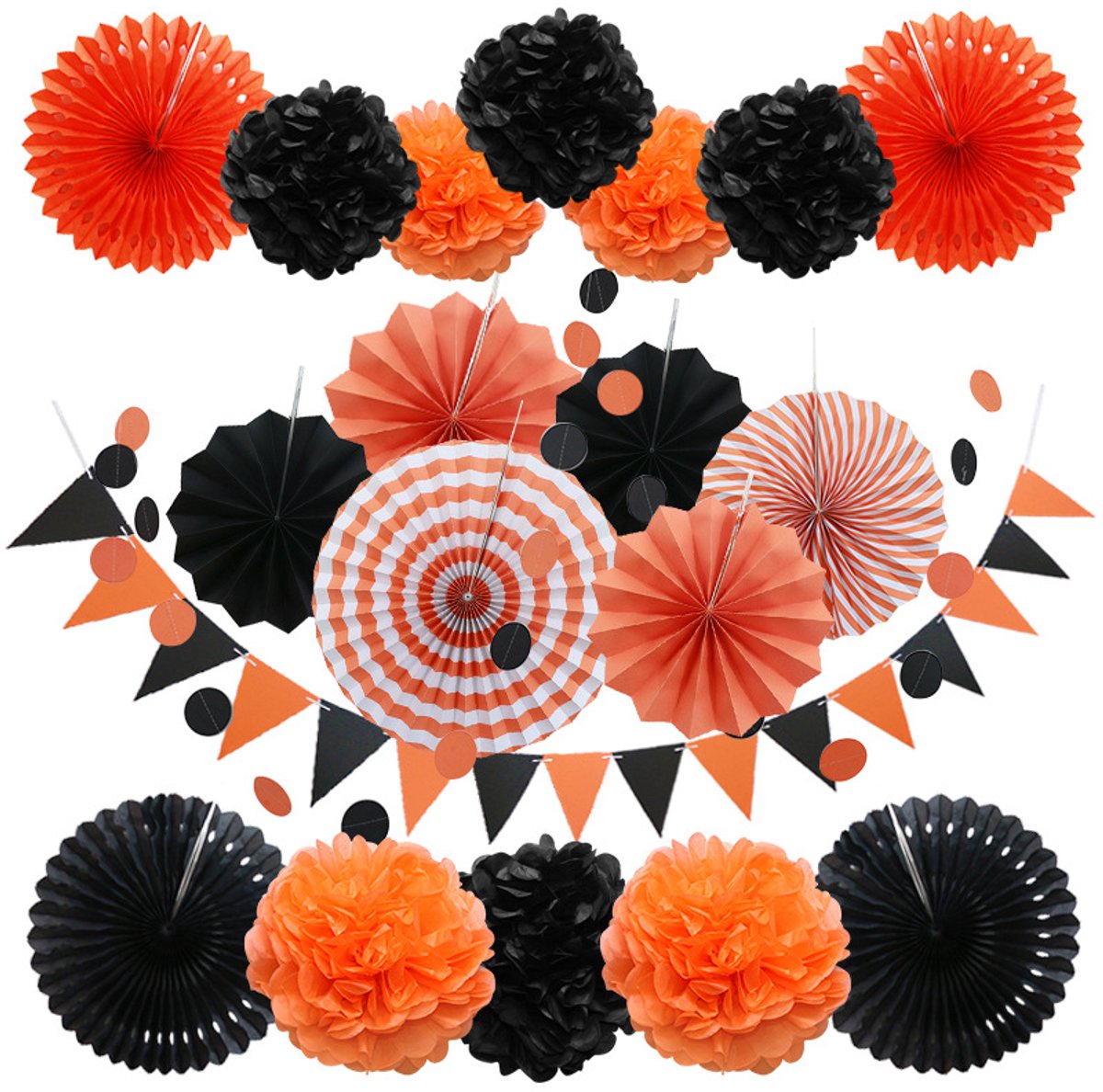 Daity Feestdecoratie-20 stuks zwarte en gouden papieren waaiers-pompons-bloemen-slingers met stippen en driehoekjes-vlaggetjes voor verjaardagsfeesten-afstudeerfeesten-bruiloften en nieuwjaarsdecoratie