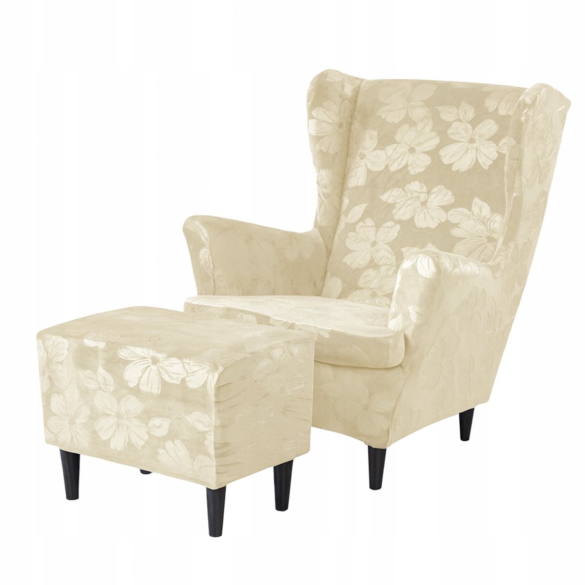 Merkloos Velours Hoes voor Fauteuil & Poef - Crème met Hibiscuspatroon
